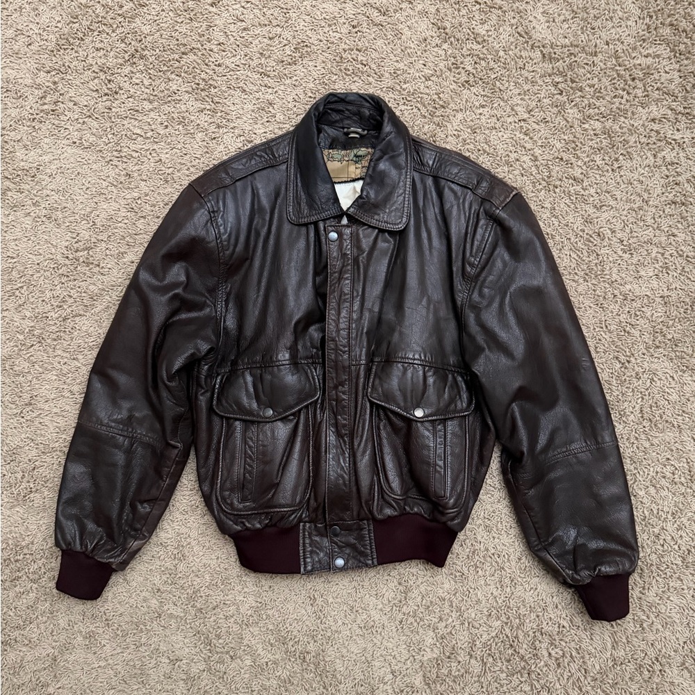 Superfortress B-52 Brown Leather Bomber Jacket Men Zip Button Pockets RN 81599
